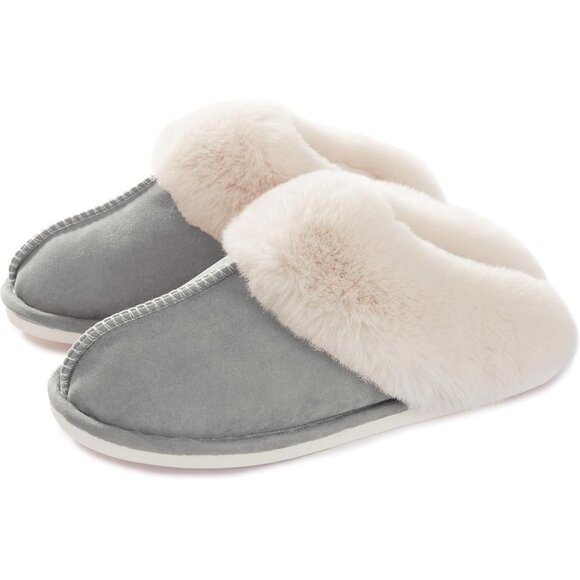 Women's Light Gray Memory Foam Winter Warm Fluffy Cozy Slip On Slippers Shoes - Picture 1 of 7